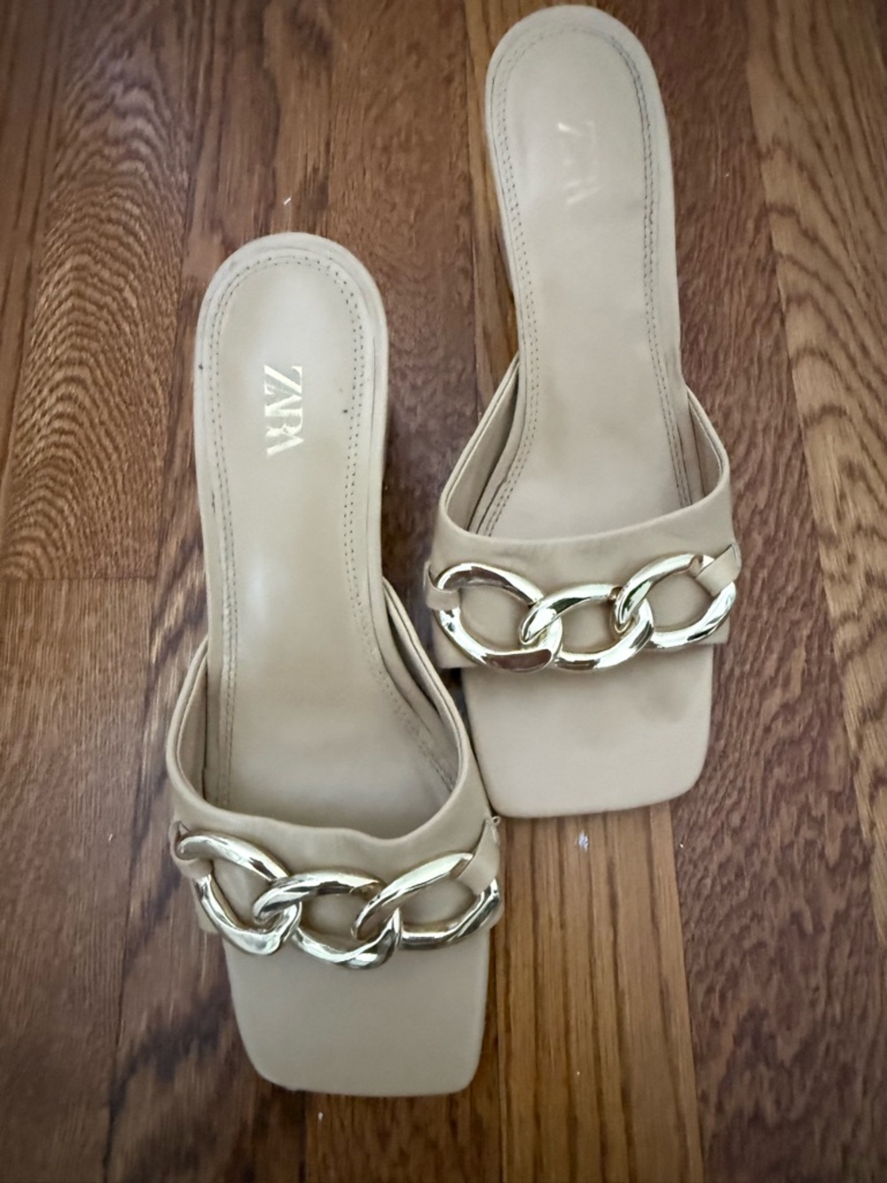 Zara Beige Slide Mules with Gold Chain Accent